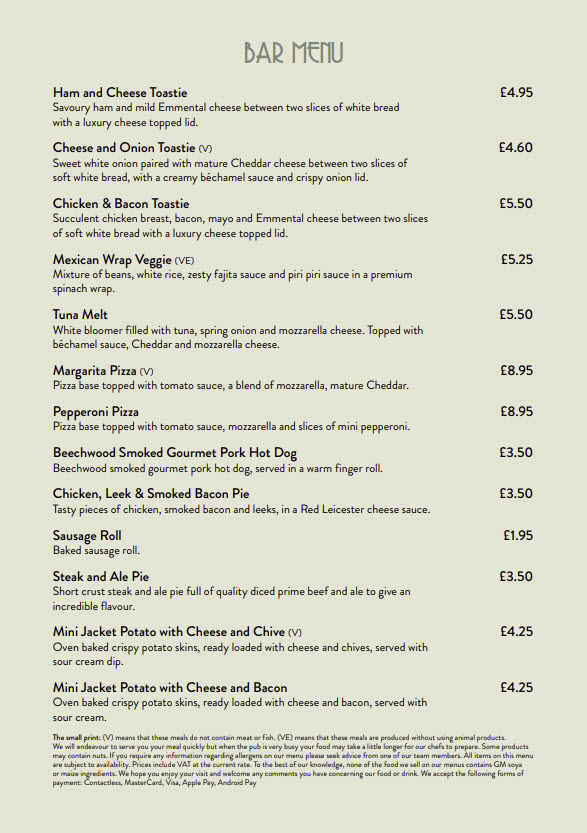 Sun Valley Bar Menu 2025