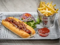 Hotdog and fries on a platter-like tray.